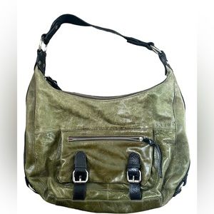 TANO GREEN LEATHER, BLACK TRIM TOTE SHOULDER SLOUCH HANDBAG